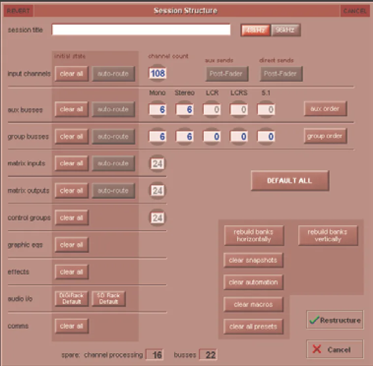 SD5 Session Structure screen: number of inputs, auxes, groups, matrices, control groups, GEQs and effects