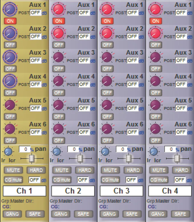 SD5 On-screen aux sends: levels, pre/post and pan