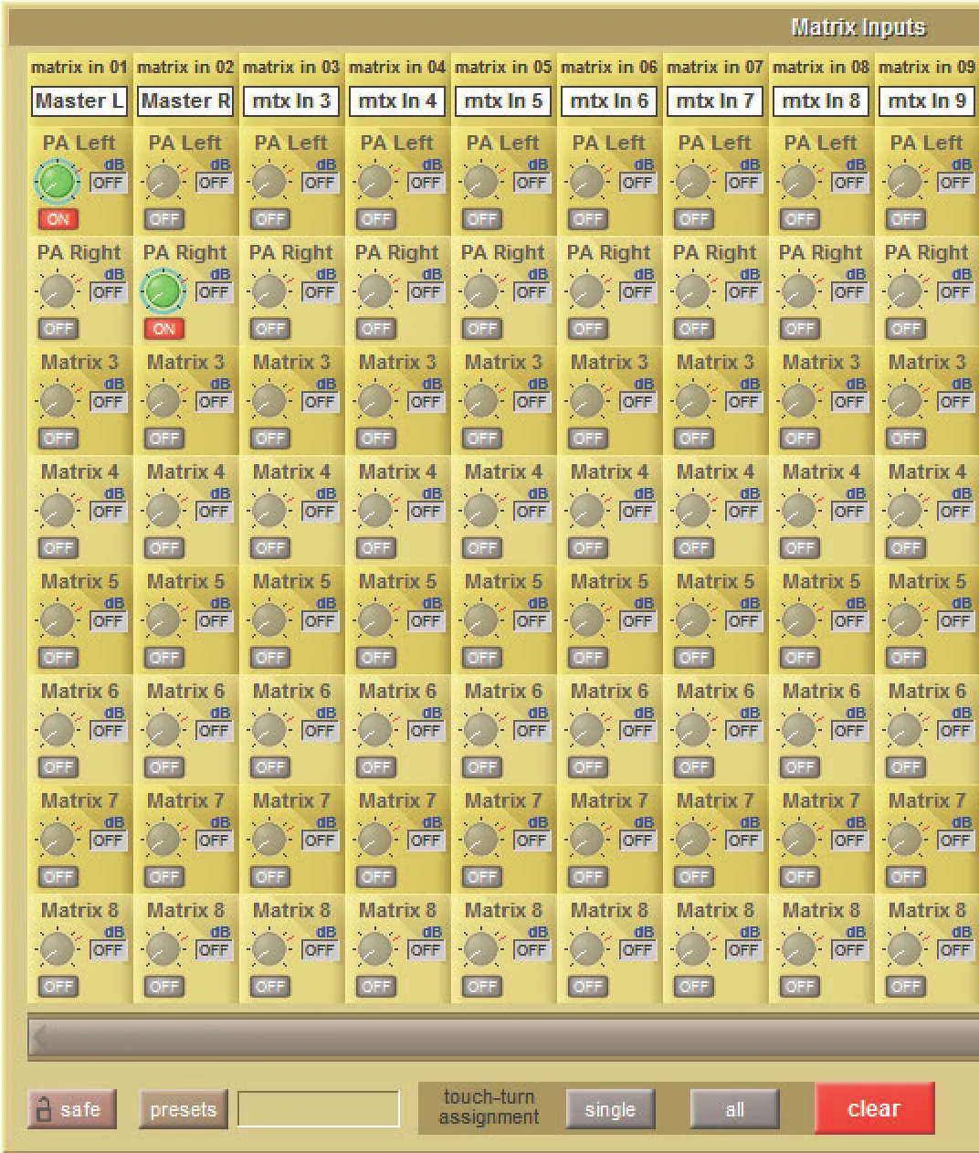SD5 Matrix Inputs screen: send grid to the matrices