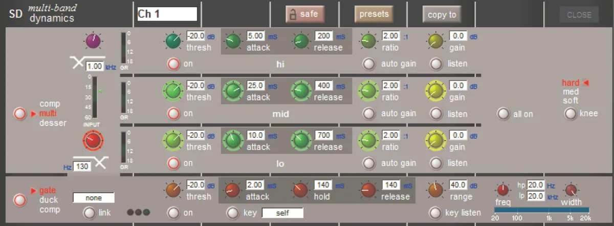 SD5 Multiband dynamics window: 3-band compressor, gate, ducker and de-esser