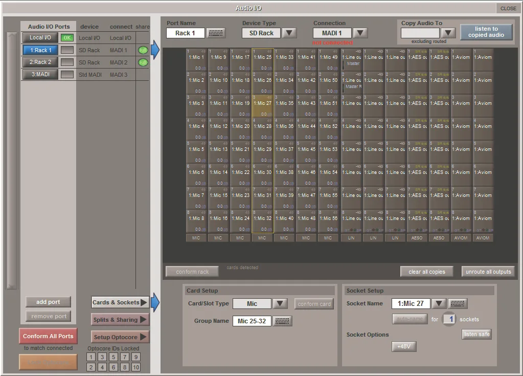 SD5 Audio I/O screen: I/O ports, stage racks and socket patching
