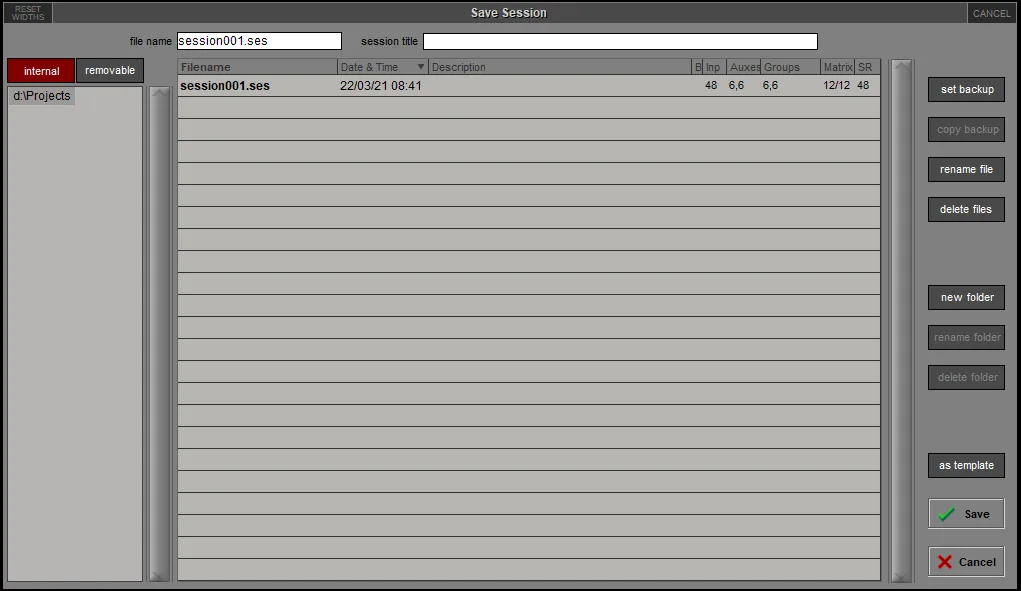 SD software Save Session window