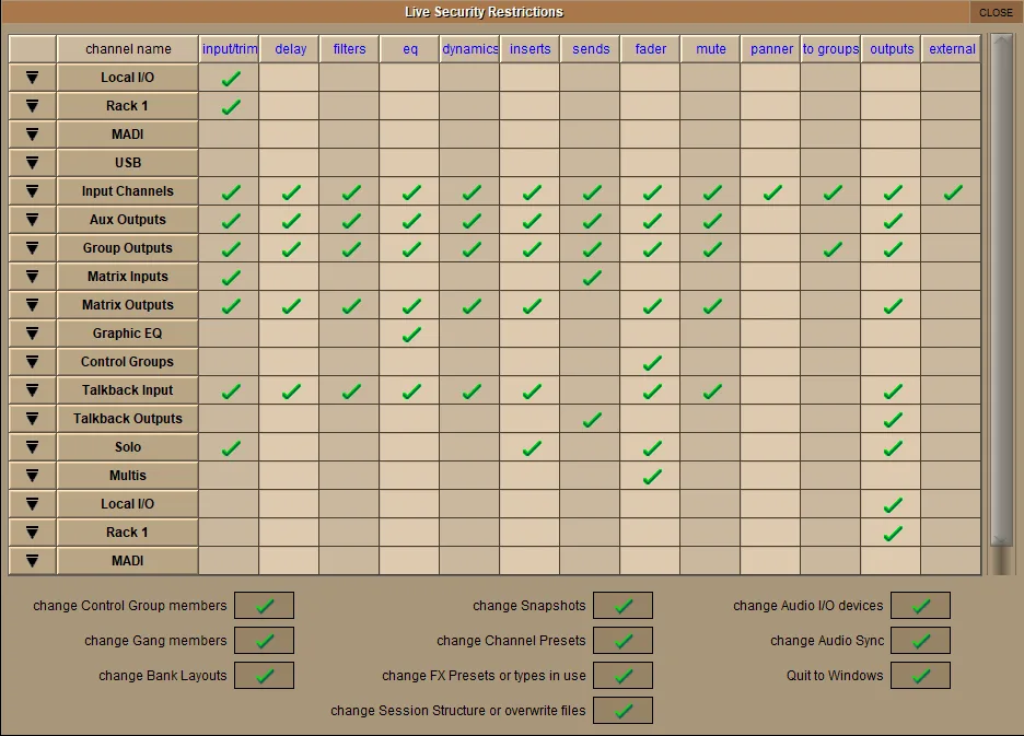 SD software Live Security Restrictions window: locking of surface functions
