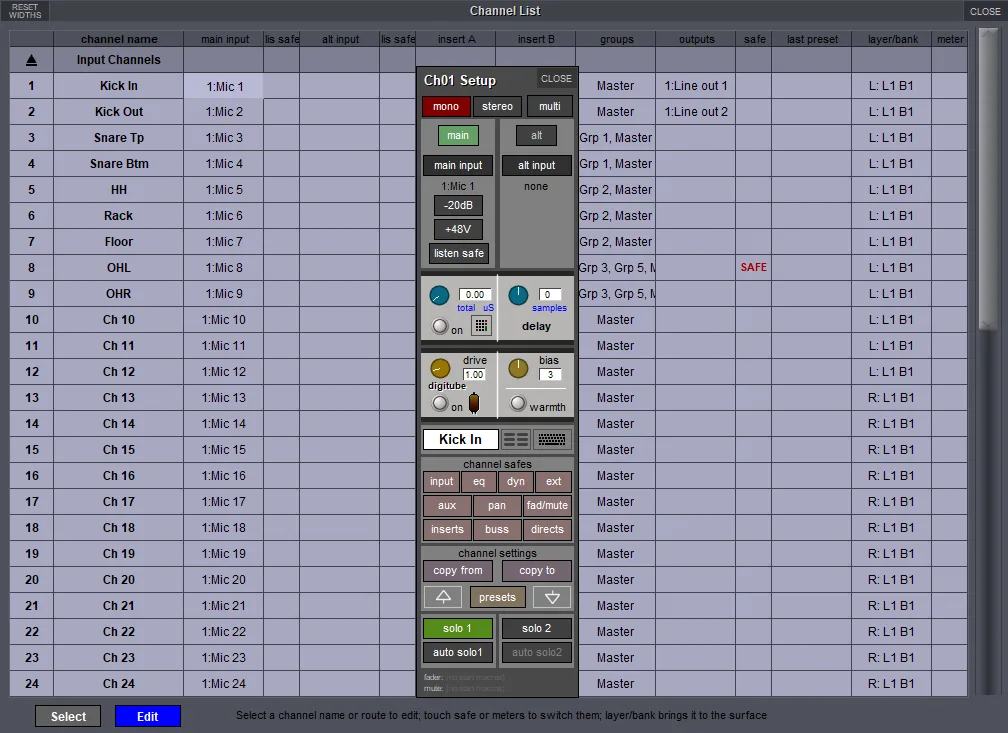 SD software Channel List with the Channel 1 Setup window