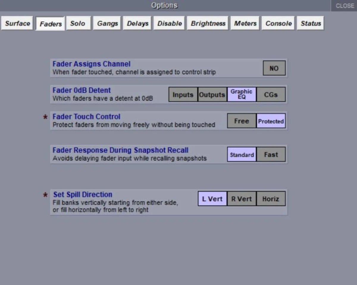 SD software Options window, Faders tab (fader and bank behaviour)