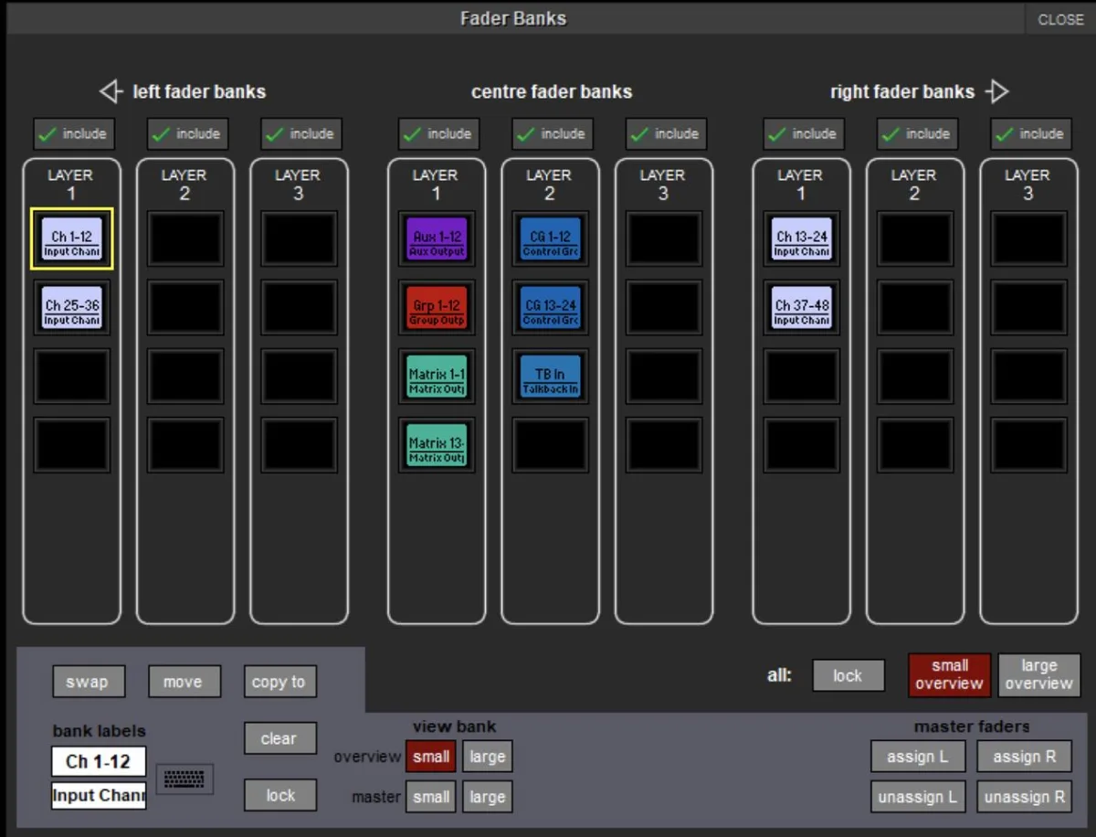 SD software Fader Banks screen: fader bank and layer assignment