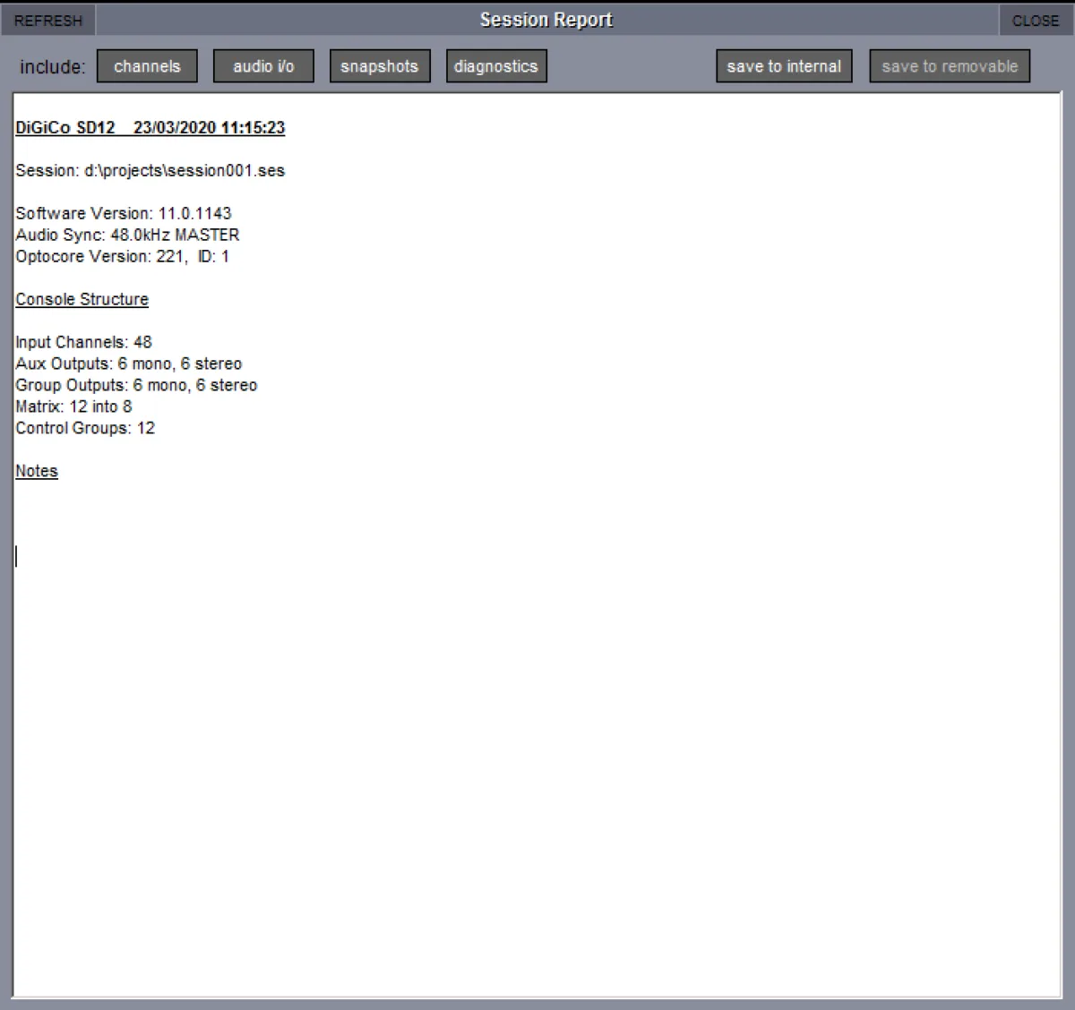 SD software Session Report window: printable session report