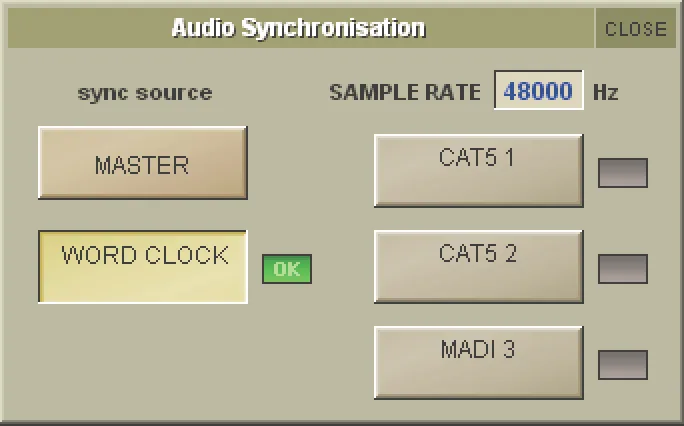 Fenêtre Audio Synchronisation de la SD9 : source d'horloge (Master, Word Clock, CAT5, MADI) et fréquence