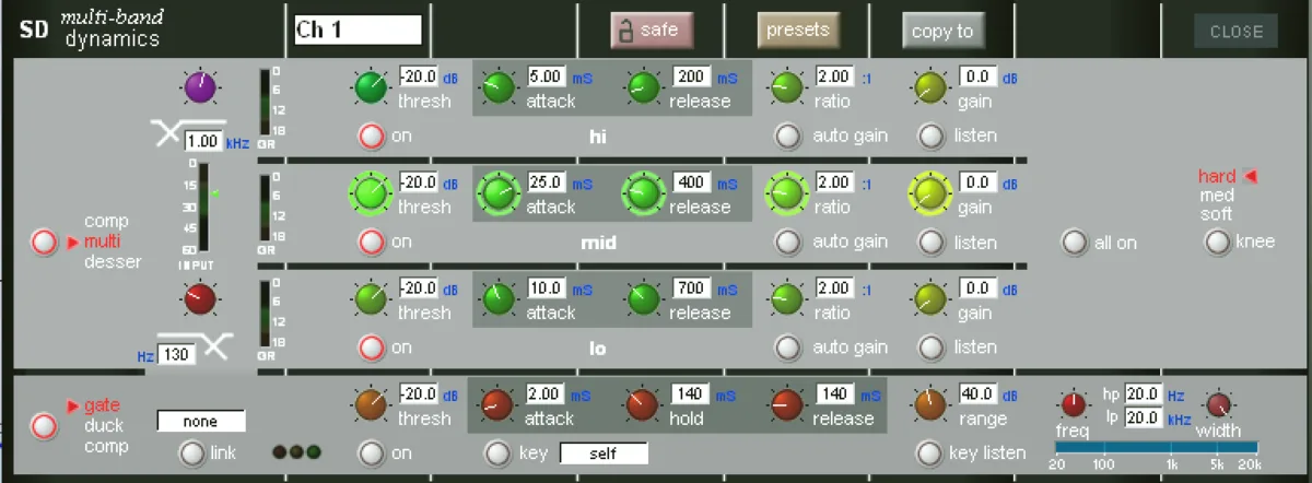 Fenêtre de dynamiques multibandes de la SD9 : compresseur 3 bandes et gate
