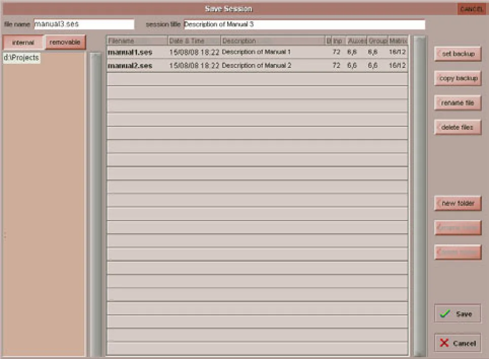 Fenêtre Save Session de la SD9
