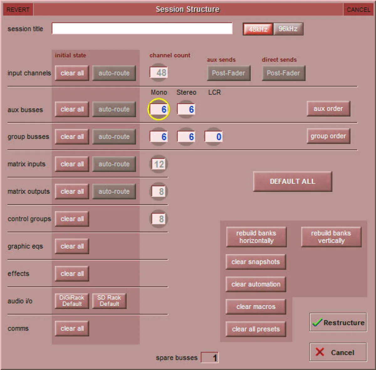 Écran Session Structure de la SD9 : nombre d'entrées, aux, groupes, matrices, control groups, GEQ et effets de la session