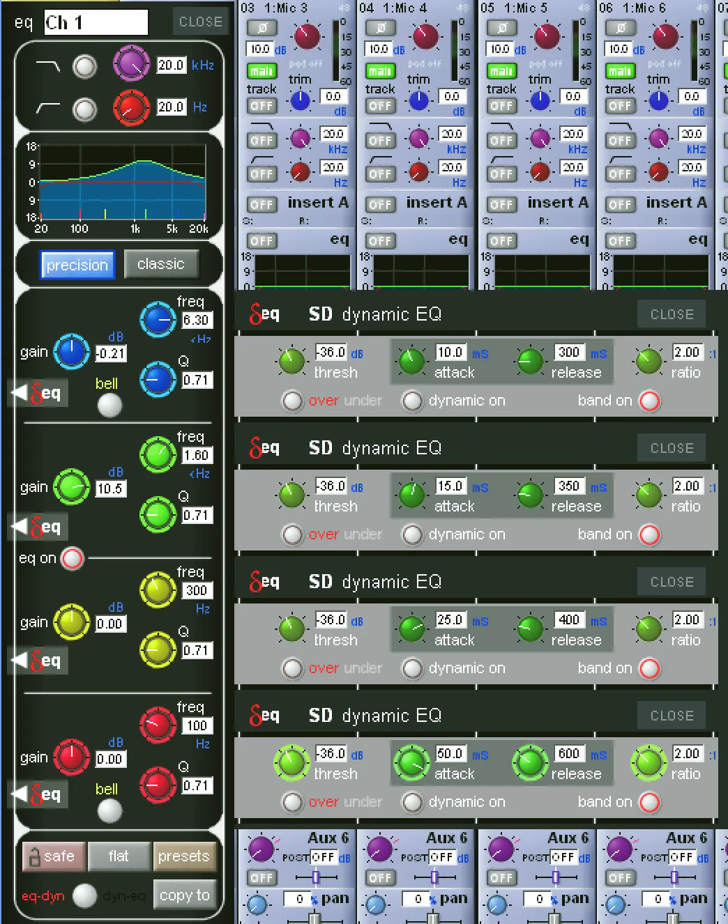 Fenêtre d'EQ de la SD9 : EQ paramétrique 4 bandes avec SD dynamic EQ par bande