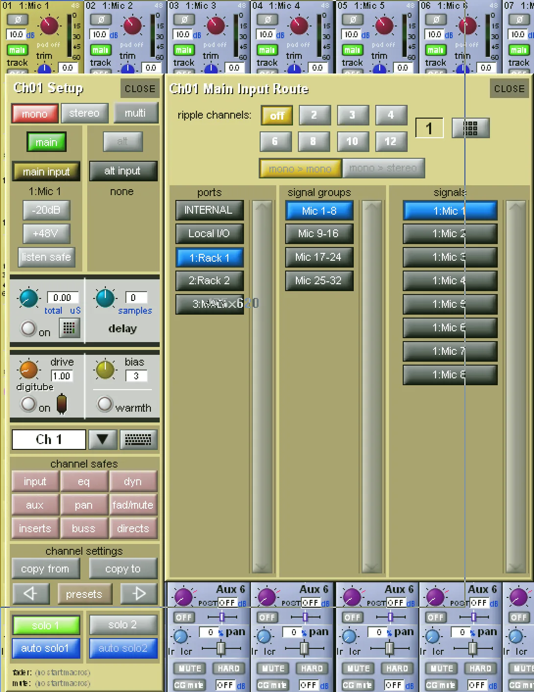 Fenêtres Channel Setup et Main Input Route de la SD9 : réglages de la voie et routage de l'entrée