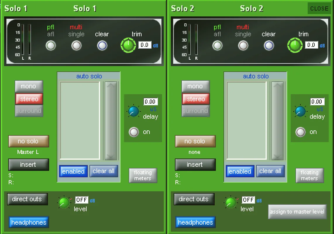 Écran de configuration des bus Solo 1 et Solo 2 de la SD9 (PFL/AFL, auto solo, délai, sorties directes, casque)