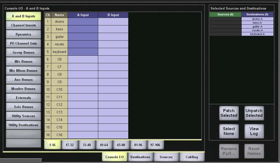Patch Console I/O : entrées A et B des voies