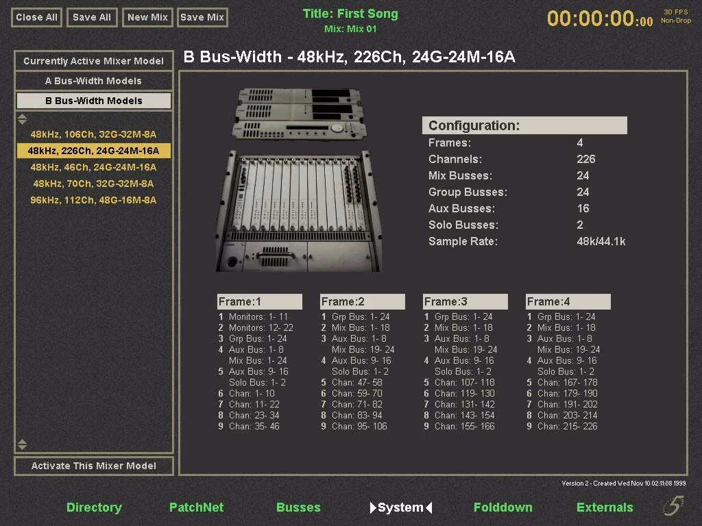 eMix on System 5: System screen and mixer model selection