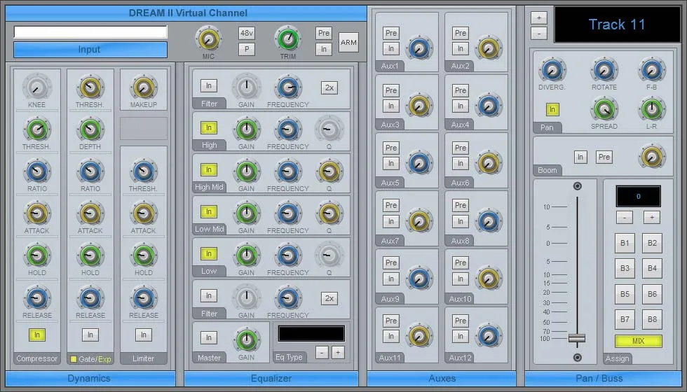 DREAM II Virtual Channel : voie complète à l'écran avec dynamique 3 étages, EQ 6 bandes, 12 aux et pan surround (capture du manuel DREAM II Satellite-AV)