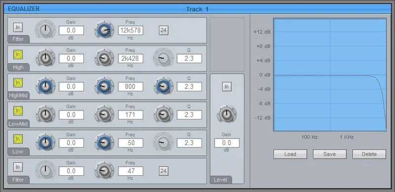 Fenêtre Equalizer de DREAM II : EQ 6 bandes avec filtres et courbe (capture du manuel DREAM II Satellite-AV)