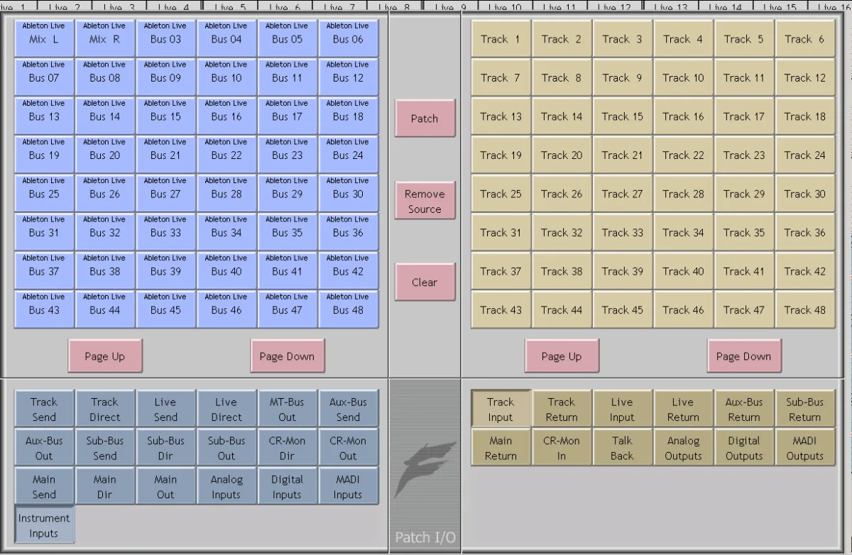 Écran Patch I/O de DREAM II : bus ReWire Ableton Live patchés vers les entrées de piste (capture du manuel DREAM II Satellite-AV)