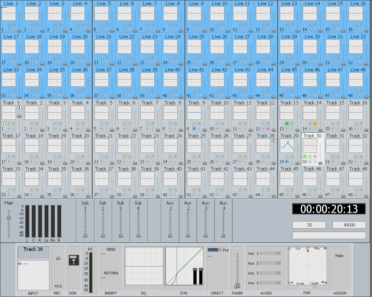 Écran Mixer de DREAM II : 48 voies Live et 48 voies Track, bus Main, Sub et Aux, et tranche détaillée de la voie sélectionnée (capture du manuel DREAM II Satellite-AV)