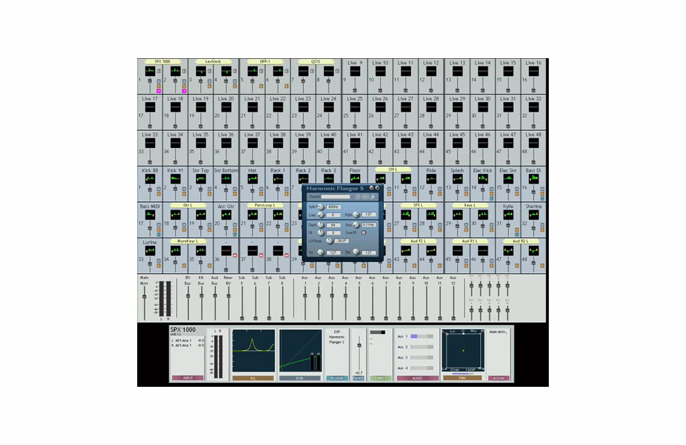 Interface de mixage Dream II : vue console complète et fenêtre de plug-in