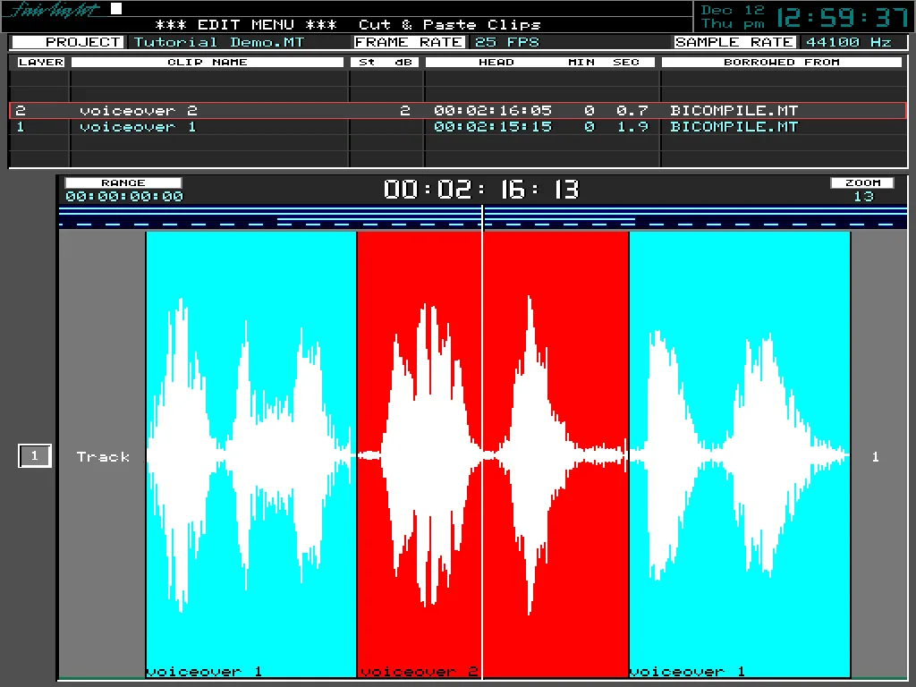 Menu Edit du logiciel DREAM Console : couper-coller de clips sur une piste