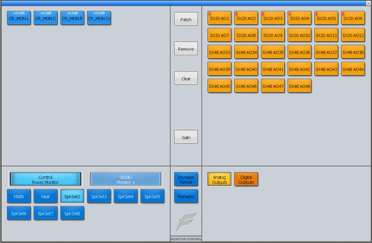 Monitor Control de l'EVO : patch des enceintes de la cabine vers les sorties SX-20 et SX-48, jeux d'enceintes