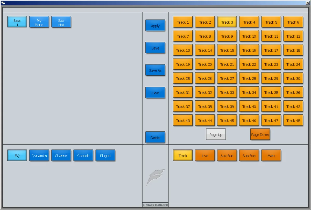 Library Manager de l'EVO : bibliothèques d'EQ, dynamique, voie, console et plug-in appliquées aux pistes