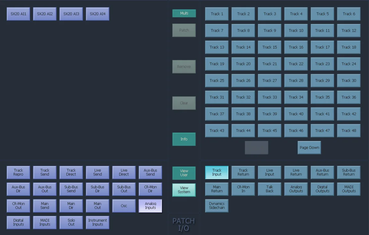 Écran Patch I/O de l'EVO : sources (entrées analogiques SX-20, MADI, bus) vers destinations (entrées de piste, sorties)