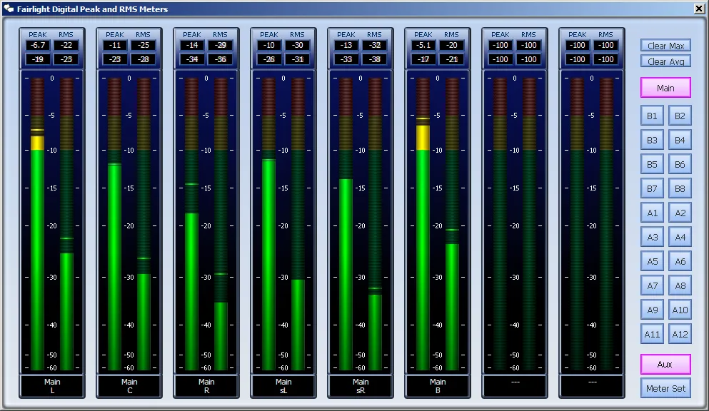 Fairlight Digital Peak and RMS Meters on Xynergi: 5.1 Main bus, sub buses and auxes