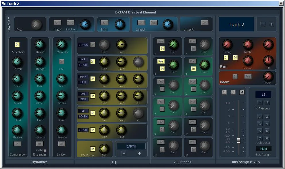 DREAM II Virtual Channel window on Xynergi: dynamics, EQ, aux sends, panner and VCA