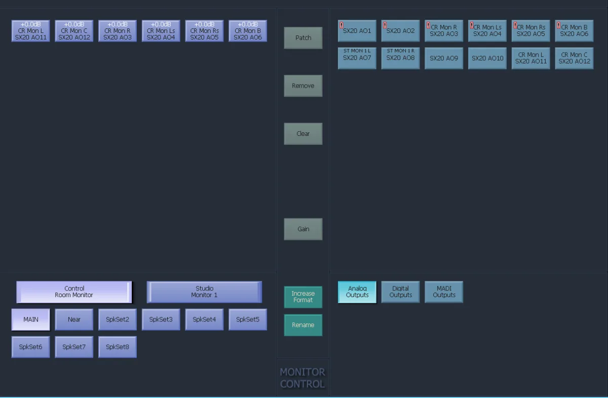 Xynergi Monitor Control screen: control room and studio outputs to SX-20 analog outputs