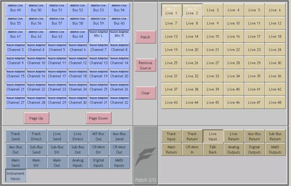 Xynergi Patch I/O screen: routing ReWire Ableton Live and Reason buses to Live inputs