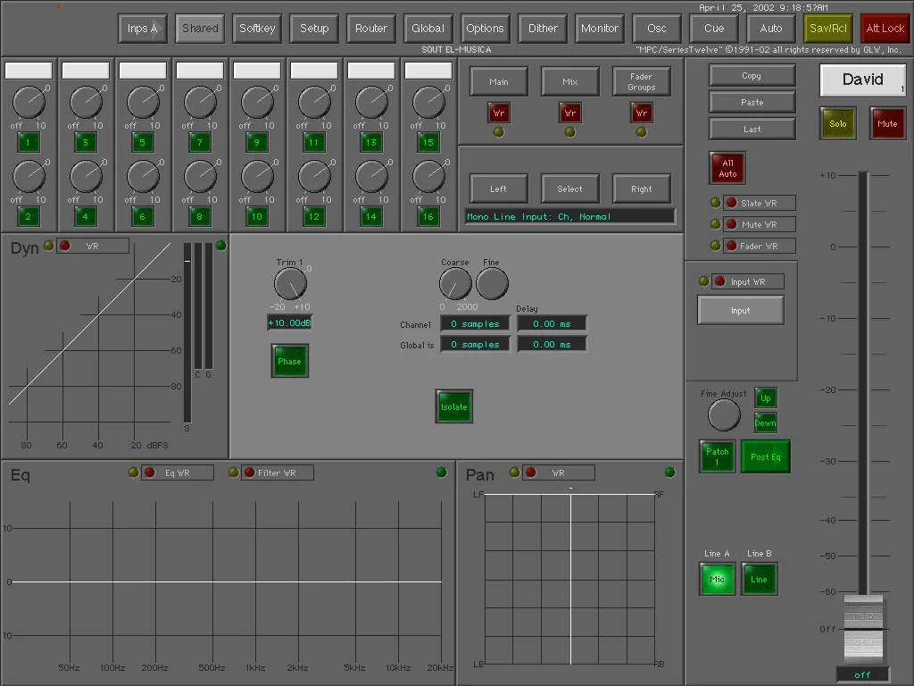 Series Twelve touchscreen, Shared Channel page with dynamics, EQ and panning (2002 software, digital version)