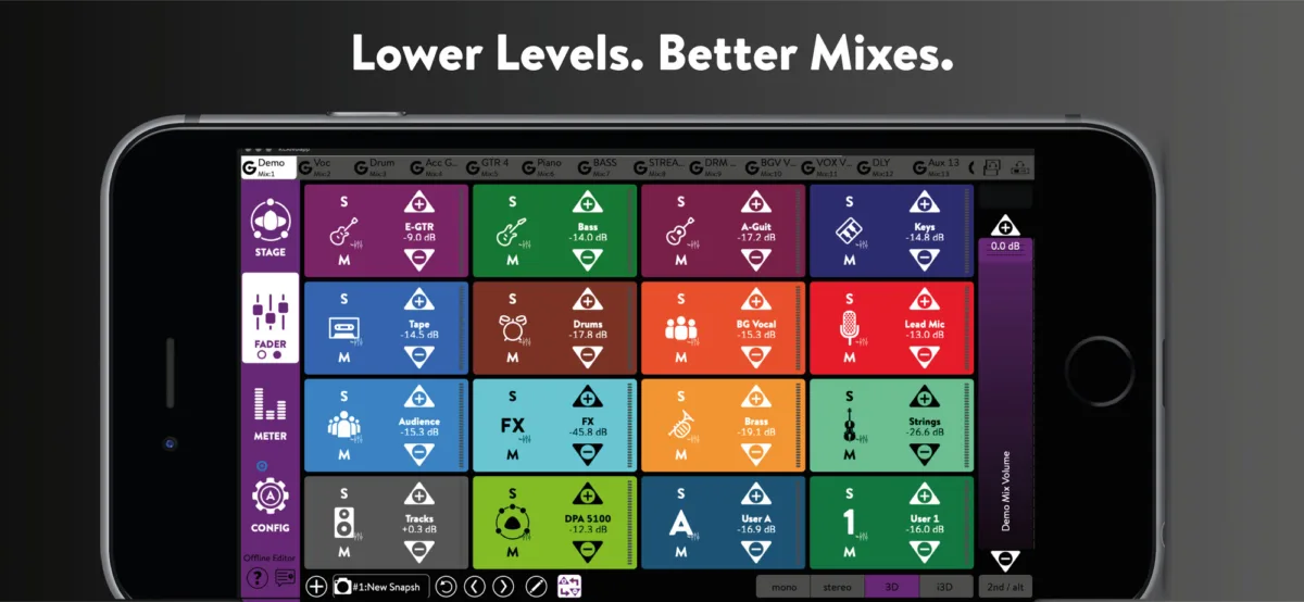 KLANG:app sur iPhone, grille des groupes de sources par couleur