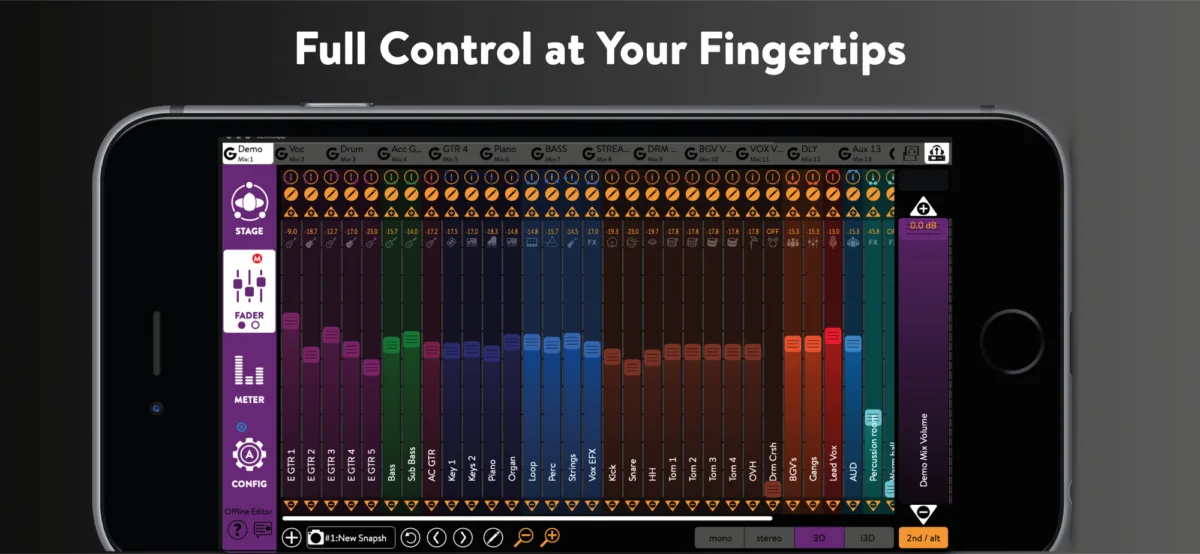 KLANG:app sur iPhone, vue Fader du mix personnel
