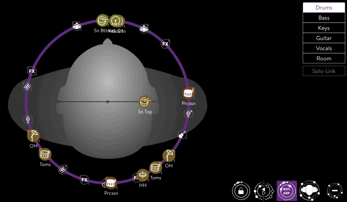 Vue Stage de l'interface KLANG avec les sources placées autour de la tête