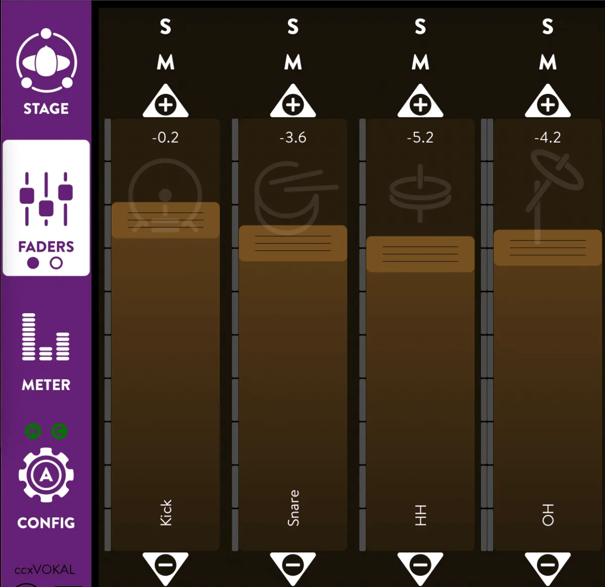 KLANG:app, page Faders : tranches avec icônes d'instrument, solo, mute et niveau