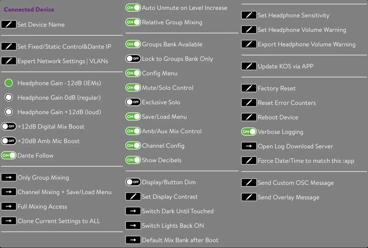 KLANG:app, options du KLANG:kontroller réglables depuis KLANG:app