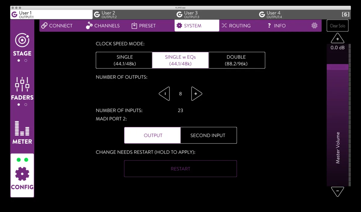 KLANG:app, page Config, onglet System : vitesse d'horloge, nombre d'entrées et de sorties