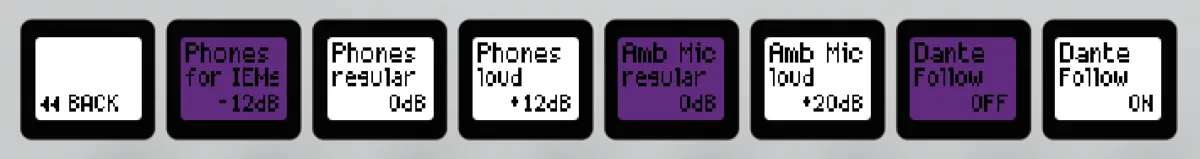 Menu Config du KLANG:kontroller, page 2 : sensibilité casque, niveau du micro d'ambiance et Dante Follow
