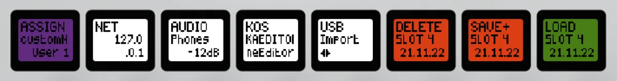 Menu Config du KLANG:kontroller, page 1 : Assign, Net, Audio, KOS, USB Import, Delete, Save et Load des slots