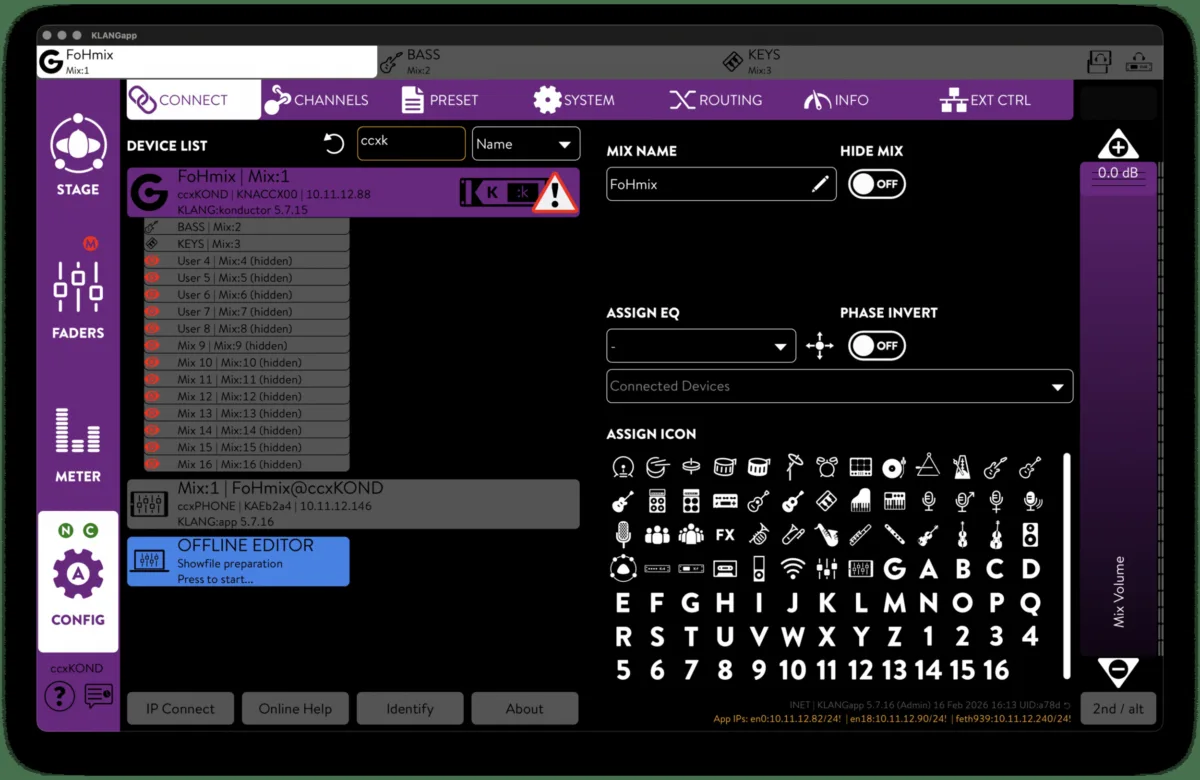 KLANG:app, page Config, onglet Connect : liste des appareils KLANG et réglages du mix connecté