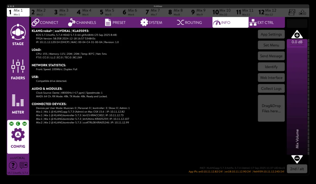 KLANG:app, page Config, onglet Info : informations système et état réseau