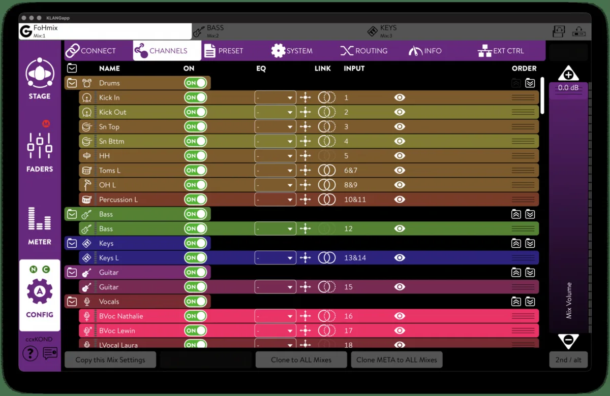 KLANG:app, page Config, onglet Channels : liste des voies, nom, couleur, groupe et entrée