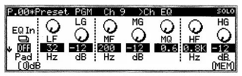 Écran LCD de la Korg 168RC, égaliseur trois bandes d'une voie (dessin du manuel)