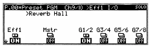 Écran LCD de la Korg 168RC, affectation de l'effet 1 (Reverb Hall) (dessin du manuel)