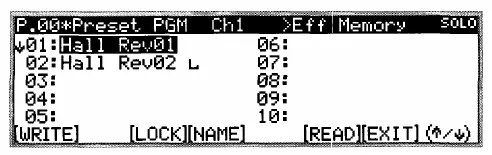Écran LCD de la Korg 168RC, mémoires d'effets (dessin du manuel)