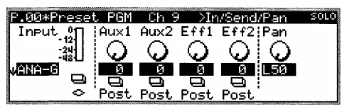 Écran LCD de la Korg 168RC, page In/Send/Pan d'une voie (niveau d'entrée, envois, panoramique) (dessin du manuel)