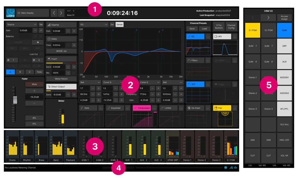 Annotated mc²56 Central GUI: title bar, pages and side panel
